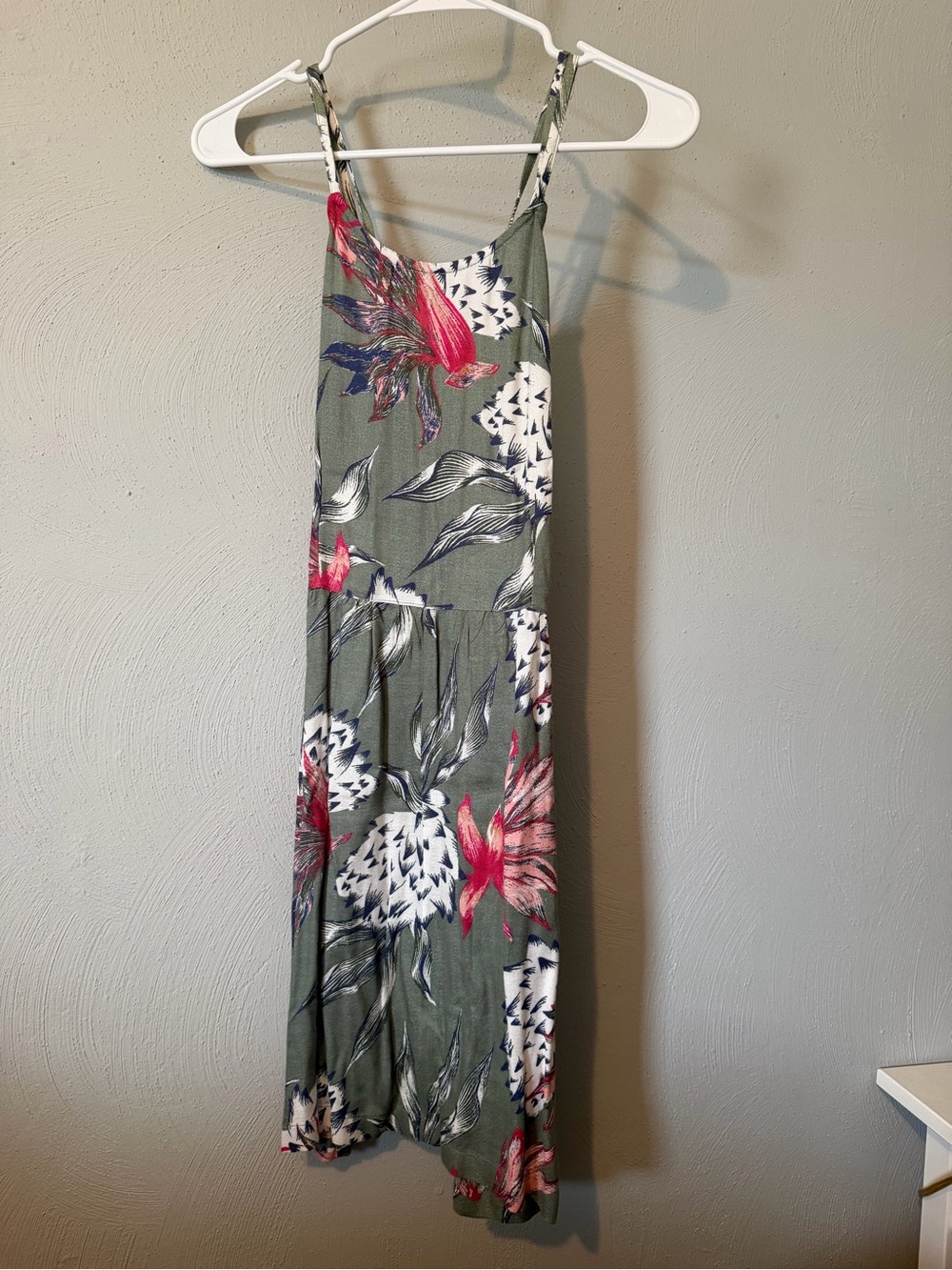 Roxy Olive Green Floral Midi Dress with Pink Accents